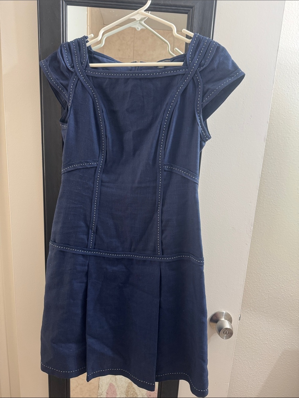 Brooks Brothers Navy Stitch-Trim Cap-Sleeve Mini Dress linen and wool